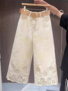 Summer Thin Large Size Womens Hollow Embroidery Wide Leg Jeans Pear Shape Slim Loose Eighteen Pants High Waist Commute Style