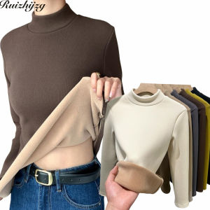 Ruizhijzg Womens Winter Warm Thickened Velvet  Long Sleeves T Shirts Ladies Solid Color Slim Fit Slimming Thermal  High Neck Knitting Top