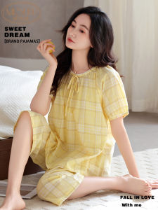Short Sleeve Seven-Foot Pants round Neck Pure Cotton Summer Fairy Sleepwear Fresh Color Woven Plaid Home Clothes Set for Women