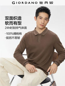 Giordano Mens Pure Cotton Polo Shirt Breathable Long Sleeve Turn-down Collar Commute One-button Design Comfortable Casual Wear