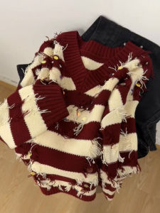 QINGNAER | Red Striped V-Neck Tassel Knitwear Sweater