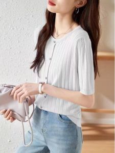 เสื้อคาร์ดิแกนถักไหมน้ำแข็งคอตั้งแขนสั้นสีม่วง ทรงเข้ารูป ทรงเข้ารูป สำหรับผู้หญิง ฤดูใบไม้ผลิและฤดูร้อน 2023