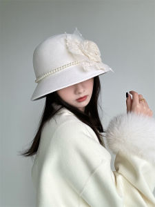 Elegant French Vintage Style Lace Flower Hepburn Hat Womens Versatile Fisherman Bucket Hat Short Brim Pure Wool Spring Autumn Winter