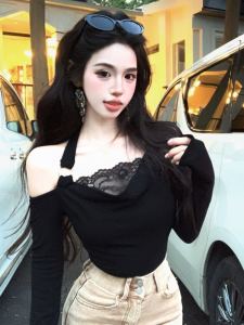 Elegant Black Lace Splice Long Sleeve Short Base Shirt Womens Design Sensation One Shoulder Exposure Commute Lady Style Pure Color Autumn Top