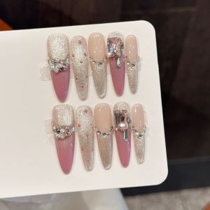 10pcs Handmade Fake Nails Fine dog pointed type Powder gold gradient diamond ornament Press On Nails False Nails French design