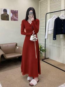 French Elegant V-neck Splicing Lace Knitted Long Dress Womens Autumn Winter New Style Over-knee Base Sweater Dress