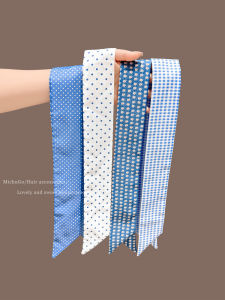 Summer Blue Polka Dot Floral Long Necktie Womens Scarf Hairband Styling Elastic Band Fashion Accessory New 2025 MichuGo