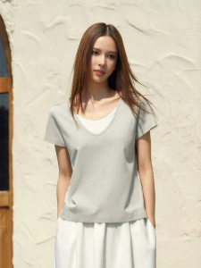 Semir | Womens Summer Cotton Linen Fake Two-Piece Color-Block U-Neck T-Shirt