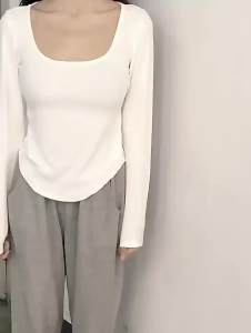 LadyLuxe - Atasan Baju Wanita Fashion Lengan Panjang Kaos Polos Square Neck Long Sleeve Shirt SL021