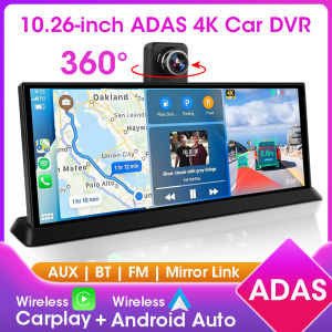 10.26" ADAS 4K Dash Cam Wireless CarPlay & Android Auto Screen for Car360° Rotating Lens Car DVRNavigation Dashboard Recorder