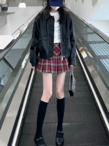 กระโปรงสั้นลายสก็อตสีแดงสไตล์อเมริกันย้อนยุคไซส์ใหญ่ กระโปรงทรงเอเข้ารูป กระโปรงสั้นทรงเอ กระโปรงสั้นทรงเอเข้ารูป