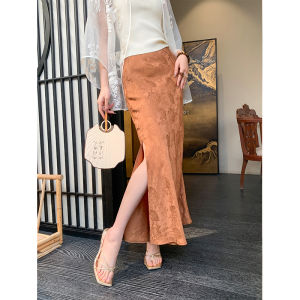 Caramel Colored High Waist New Chinese Style Half Skirt Womens Summer 2025 Slimming Split Skirt Elegant Commute Style Long A-Line Skirt