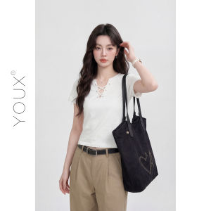 YOUXIANG | Áo Thun Ngắn Tay Form Slim Fit Dây Chéo V