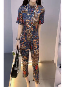 Retro Fashion Womens Printed Split Top Nine-Piece Pants Two-Piece Set Summer New Arrival Elegant Design Online Exclusive