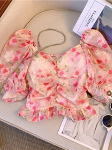French Floral Bubble Sleeve Chiffon Shirt Women Summer Beautiful Top with Chest Pad Lovely Small Shirt Loose Fit Short Sleeve