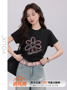 Black Short Sleeve T-Shirt Womens Fashion Heavy Embroidery Flowers Summer New Style Cotton Comfortable Breathable round Neck Top