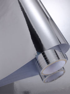 กระดาษติดผนังเงาสแตนเลสปลอม ซิลิโคนกันน้ำ กันน้ำมัน ติดได้ด้วยตัวเอง สีเงิน กระดาษติดผนังแบบสะท้อนแสงสำหรับห้องครัว