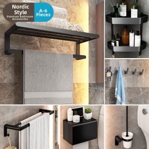 Wall-Mounted Holeless Black Space Aluminum Bathroom Shelf