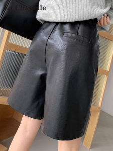 La Chapelle High Waist PU Leather Shorts Womens Spring Autumn Five-Quarter Length Outerwear Straight Leg Casual Pants