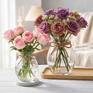 Combo 2 Bình Bông Lọ Hoa Thuỷ Tinh Dáng Bầu Dục Lớn Và Nhỏ Tặng Kèm Dây Bố Trang Trí