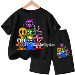 Summer Short Sleeve Tshirt Set Cartoon Tee Tops Game Anime Shirts Camiseta Kids Rainbow T-shirt Friends Girls Boys Clothes