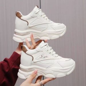 Womens Casual Sport Shoes Breathable Leather High Top Thick Bottom Leisure Sports Shoes Korean Style Cross Buckle round Toe