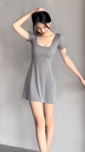 Đầm Mini Dáng Xòe Ôm Eo Cổ Vuông Tay Ngắn Cực Xinh V2018