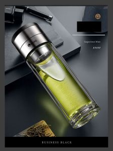 LAIANG One Touch Open Lid Double Layered Glass Cup for Men Office Use Car Mounted Water Tea Cup Quick Opening Tea Cup