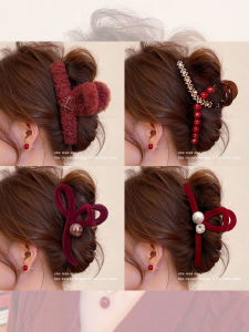 NING ZHOU | Red Furry Clip Large Size Elegant Crystal Pearl Ponytail Holder