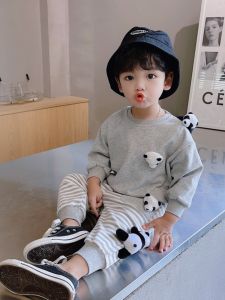 Cute Cartoon Panda Boys Cotton Outfit Set Casual Autumn Wear 2-3-5 Years Old Baby Clothes Comfortable Breathable Kids Ensemble