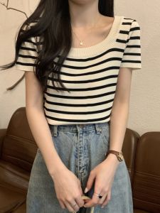 Áo Thun Dệt Kim Lụa Băng Màu Tương Phản Cho Nữ Mùa Hè Cổ Chữ U Vai Áo Ngắn Tay Áo Lót Phong Cách Hàn Quốc