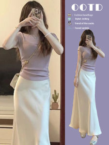 Summer New Arrival Tea Color System Korean Style Half-length Fish-tail Skirt Set Womens High-waist Short-sleeve Round-neck A-line Dress