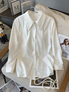 White Loose Long Sleeve Sharp Collar Womens Shirt Versatile Inner Wear Spring Autumn Base Layer Casual Style Pure Color Polo Collar