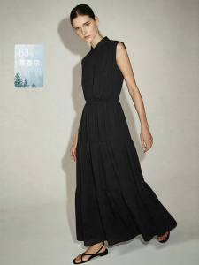 AMII | Leisure Lyocell Turn-down Collar Flounced A-line Loose Fitted Dress
