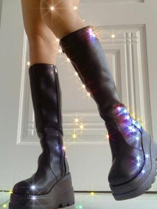 Gothic Thick Heel Knee High Boots American Style Hot Girl Big Head High Top Boots Waterproof Platform round Toe Winter Boots