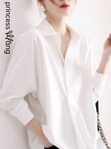 WANGGONGZHU | Princess Style Long Sleeve Silk Shirt Womens Autumn New Fashion Pure Color Business Casual Loose Fit Polo Neck Mid-Length Top