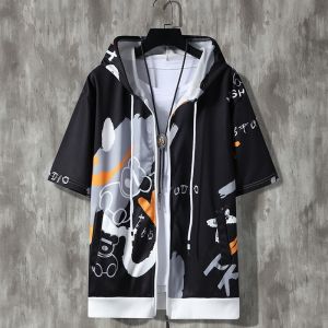 Summer Trendy Mens Mens Zipper Hooded Sweatshirt Short Sleeve Coat Top Student Class Clothes Group Clothes Sports Casual Shirt
