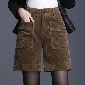 Womens Corduroy Wide Leg Shorts Casual High Waist Straight Cut Pocket Pants Autumn Outerwear Boot Cut Five-Point Measurement