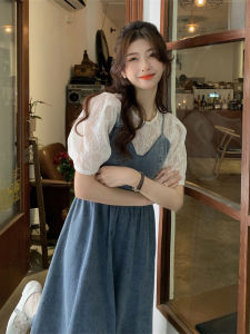 ชุดเดรสเด็กผู้หญิงสไตล์ฝรั่งเศสฤดูใบไม้ผลิและฤดูร้อน ชุดเดรสยาวแขนกุดเอวสูง กระโปรงทรงเอ แขนสั้น สีพื้น