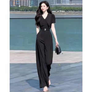 Business Commute High Waist Wide Leg Jumpsuit Womens Short Sleeve One-Piece Suiting Pantsuit Summer Fashion D1905