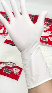 ถุงมือ ถุงมือยาง PVC ตรา เพชร สีขาว ขี้ยางไม่ติดถุงมือแน่นอน หนา เหนียว ข้อยาว ทนกรด ทนน้ำมัน แพ็ค 6/12 (1 แพ็คมี 3 คู่)