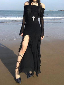 Pure Desire Slim Fit Long Sleeve One Shoulder Dress Split Korean Style Summer Commute Uneven Hem Soft Polyester Blend Long Dress