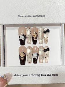 French Style Black Luxury Ice Transparent Cat Eye Sparkling Sweet Heart Long Wearing Nail Tips Butterfly Knot Polka Dot Design