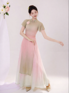 LEAF DANCE | Trang Phục Tập Múa Cổ Điển Màu Xanh Đá quý và Đỏ Đào Ombre Mesh Qipao
