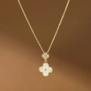 BESFOME Four-leaf Clover Necklace For Women Crystal Diamond Lucky Pendant Temperament Clavicle Titanium Steel Chain 18k Gold Plated Necklace