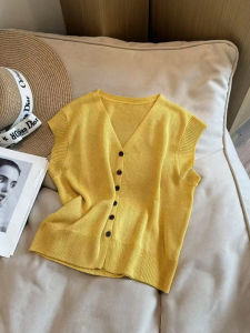 Shalldoer | Simple Solid Color Single Button V-neck Knitwear Short Sleeve Womens Summer New Style Elegant Versatile Design Top