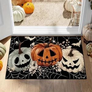 VIKAMA Halloween Jack O Lantern Thảm Cửa Hình Quả Bí Ngô Thiết Kế Hình Dơi Mạng Nhện Màu Đen Thảm Chào Mừng Chống Trượt Để Trang Trí Lối Vào Ma Quái