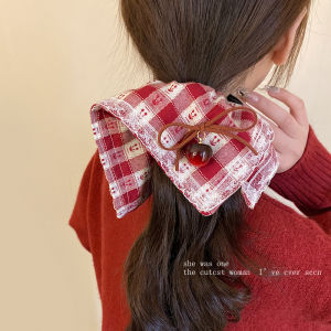 Red Cherry Butterfly Knot Square Scarf Hair Ties Womens Korean Style High-End Feeling Horse Tail Hair Bands New Headwear