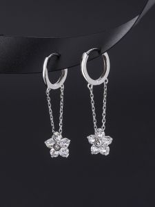 999 Pure Silver French Zircon Flower Earrings Luxury Drop Earrings Women High-End Fringe Chain Earrings Elegant Ear Jewelry