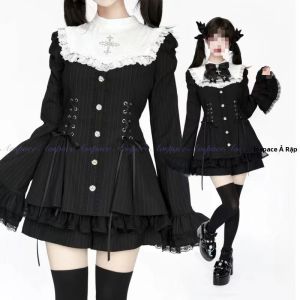 Váy Gothic Lolita Mùa Thu Dành Cho Nữ Kiểu Dáng Ngọt Ngào Nơ Đen Tay Dài Viền Ren Ngắn Ôm Dáng Kiểu Chữ A Mini Thanh Lịch Chất Liệu Polyester